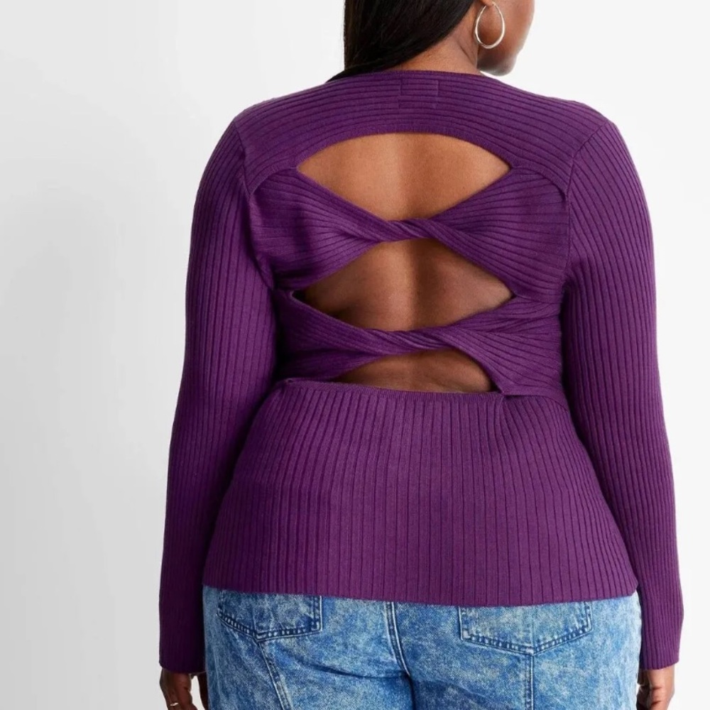 PLUS Future Collective NEW Purple Ribbed Stretch Open Back Twist Knot Sweater 2X